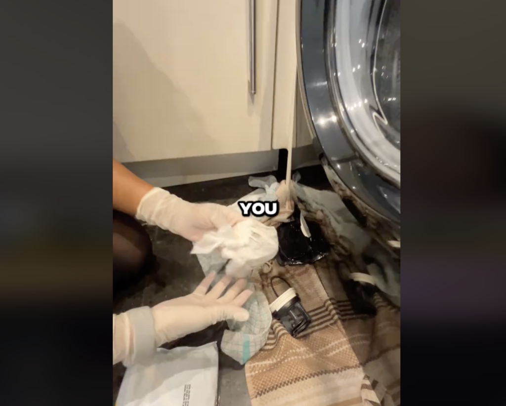 woman cleaning washing machine compartment with wipes
